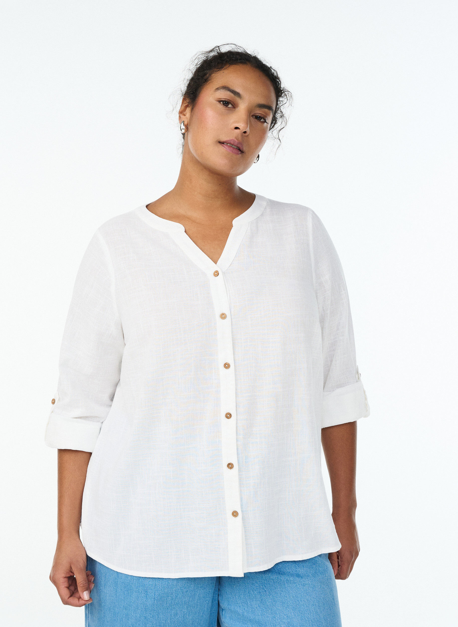 Cotton shirt blouse with V-neck, White, Model