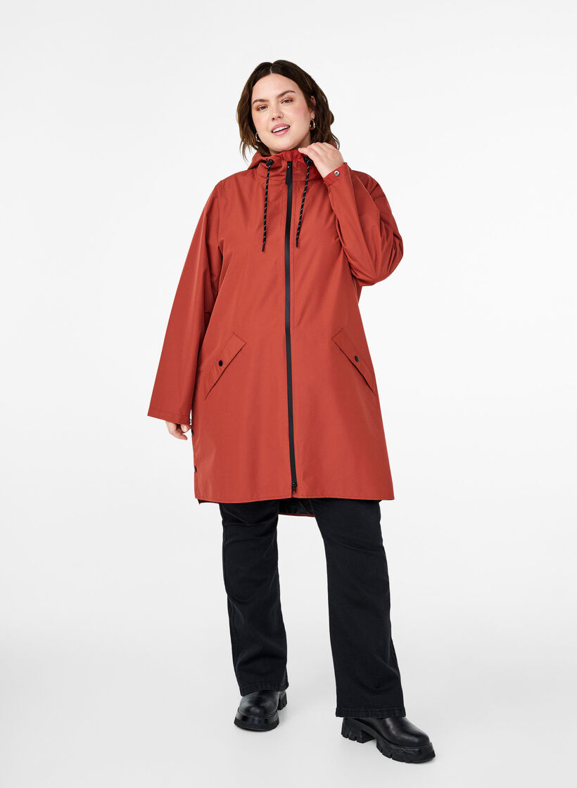 Rain jacket with pockets and hood, Red, Model image number 1