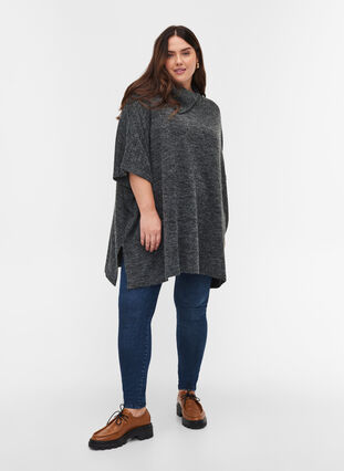 Short-sleeved knitted poncho with collar, Dark Grey Melange, Model image number 3