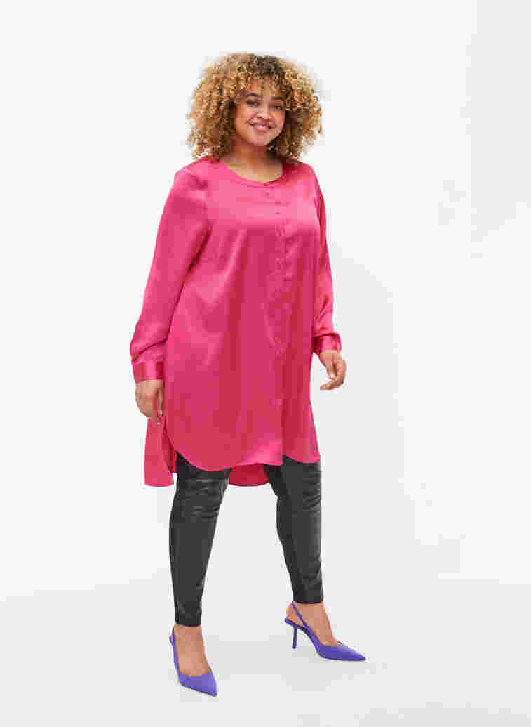 Long shiny shirt with slit, Pink Flambé, Model image number 2