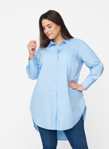 Long cotton shirt with chest pockets, Blue Heron, Model image number 0