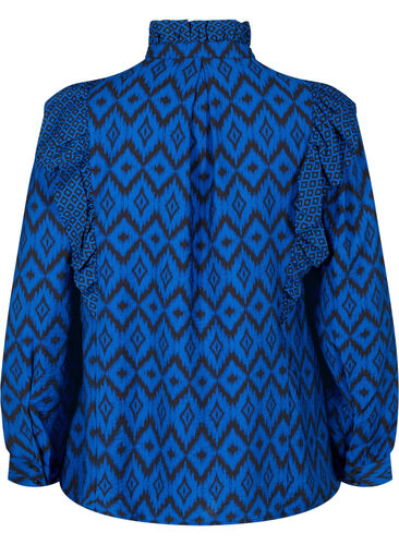 Shirt blouse in viscose with frilled details, True blue w. Black, Packshot image number 1