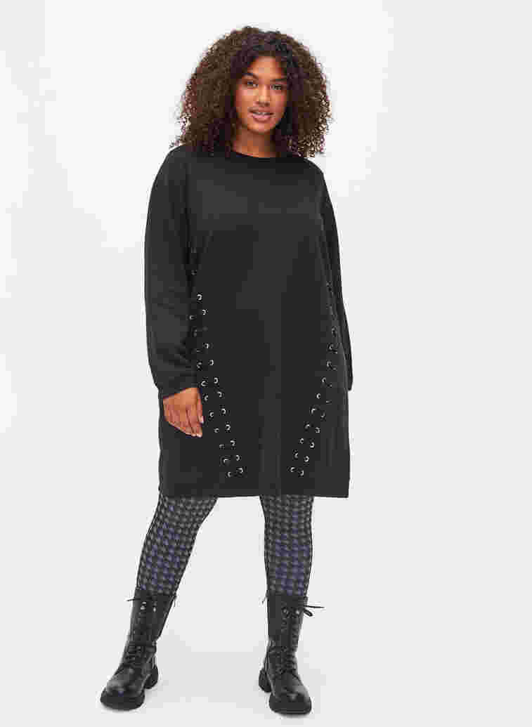 Cotton sweatshirt tunic with lace details, Black, Model image number 2