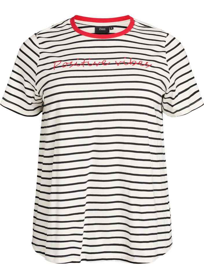 Striped cotton t-shirt with embroidered text, Vanilla, Packshot image number 0