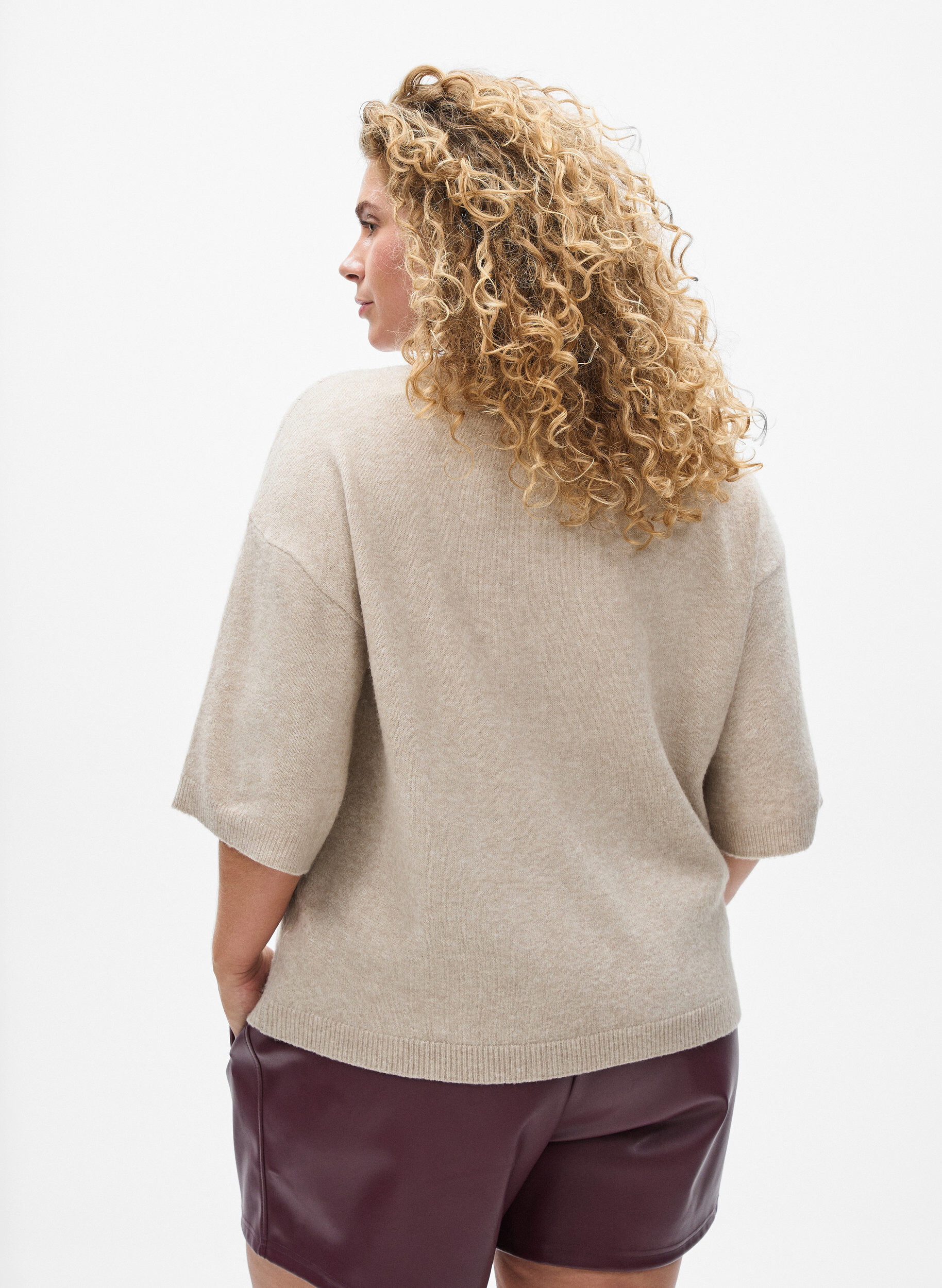 ZizzifashionLoose knitted blouse with short sleeves, Beige, Model image number 2