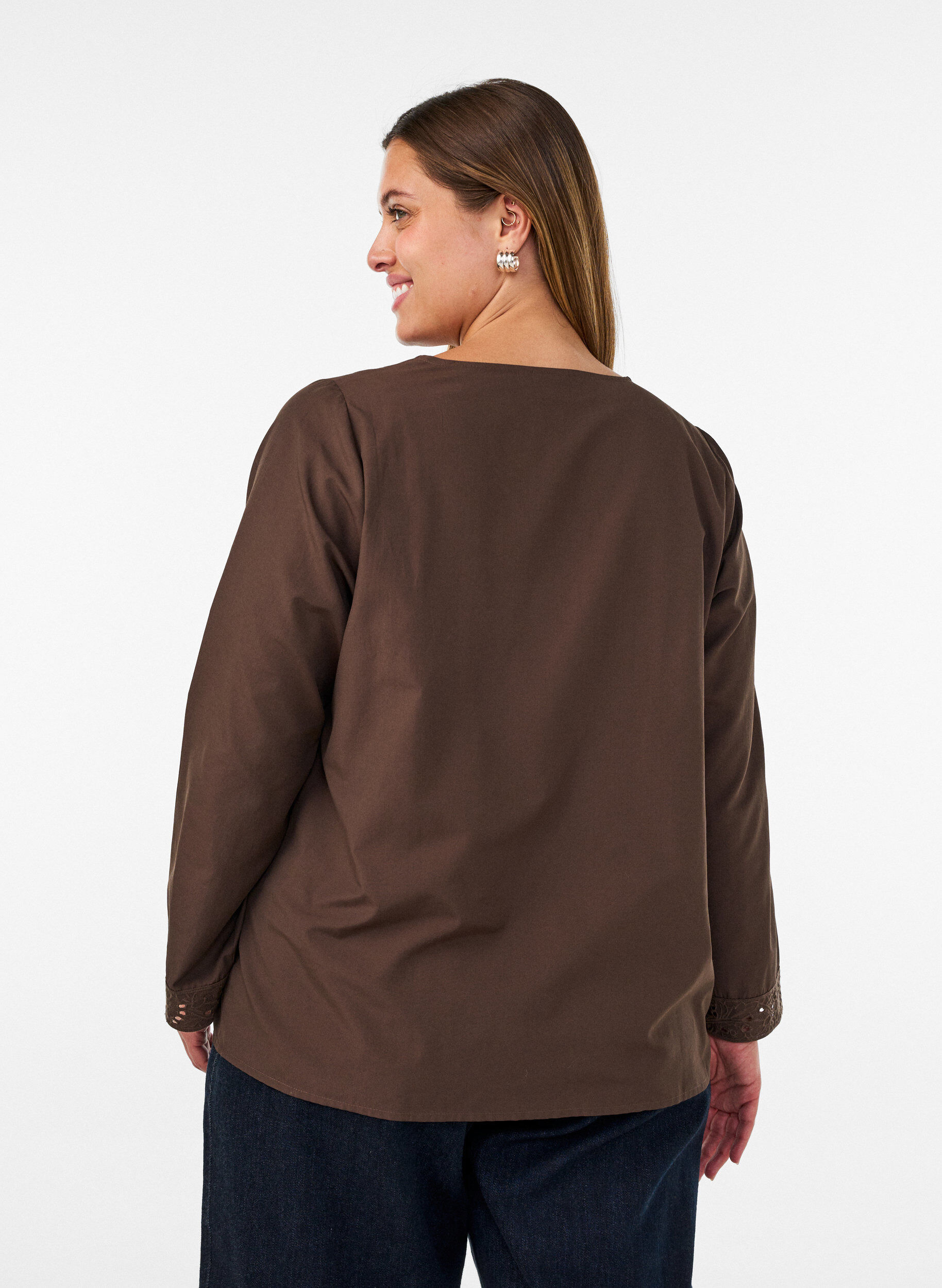 ZizzifashionShirt blouse with broderie anglaise, Brown, Model image number 2