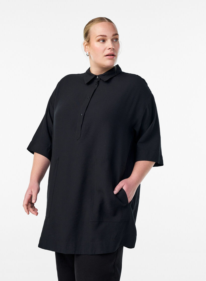 Tunic in viscose with pockets and collar, Black, Model image number 0