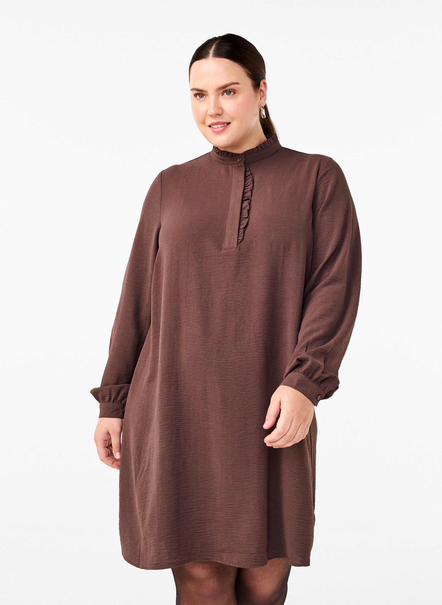 Zizzifashion Long-sleeved dress with ruffle detail, Chocolate Martini, Model image number 0