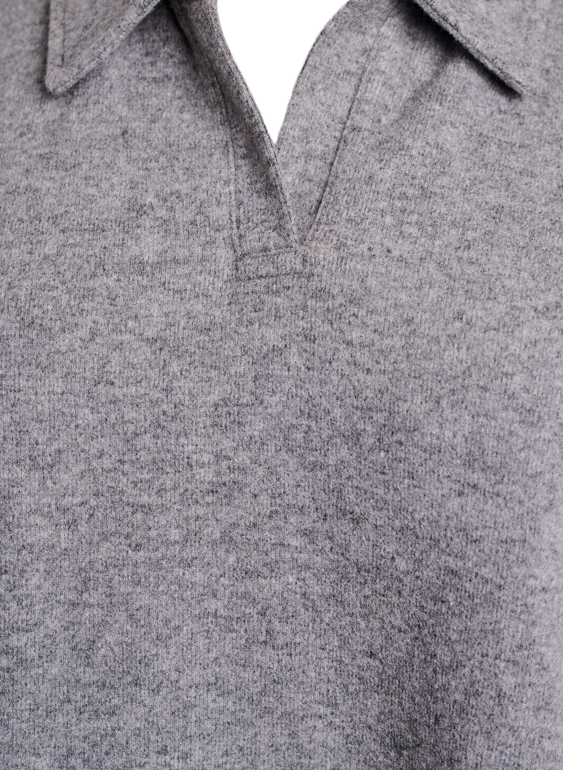 Zizzifashion Jersey blouse with collar and V-neck, Dark Grey, Packshot image number 2