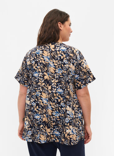 FLASH - Blouse with short sleeves and print, Brown Blue Flower, Model image number 1