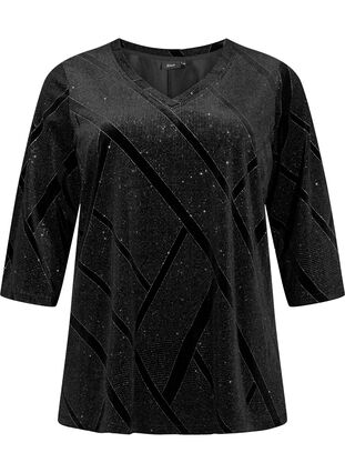 Velour blouse with glitter and 3/4 sleeves, Black, Packshot image number 0
