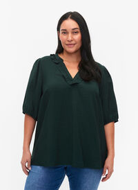 Viscose blouse with puff sleeves and ruffles, Scarab, Model