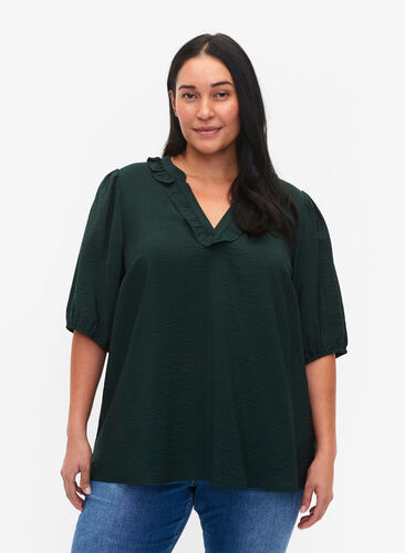 Viscose blouse with puff sleeves and ruffles, Scarab, Model image number 0