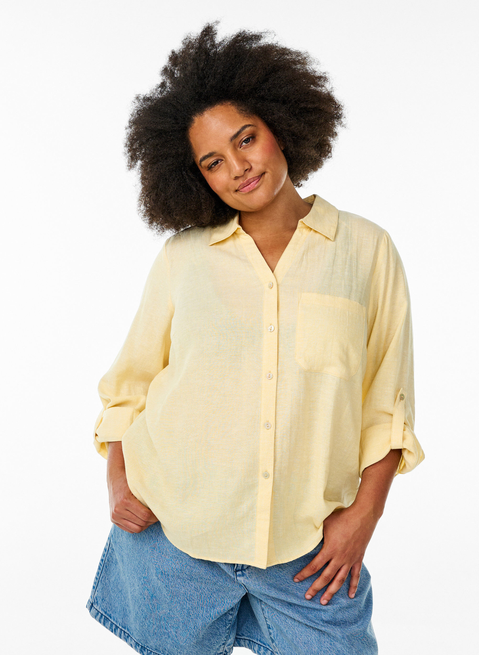 Zizzifashion Shirt in linen and viscose with 3/4 sleeves, Yellow, Model image number 0