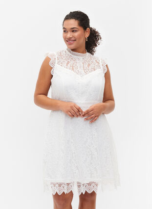 Sleeveless lace dress, Bright White, Model image number 0