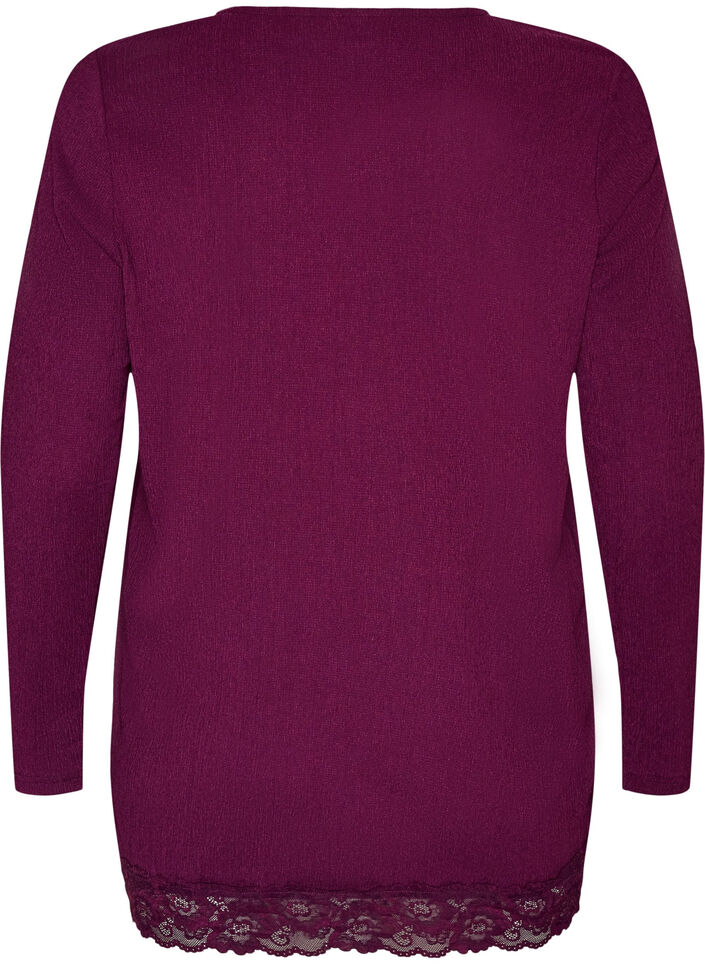 Jersey blouse with asymmetrical lace trim, Purple, Packshot image number 1