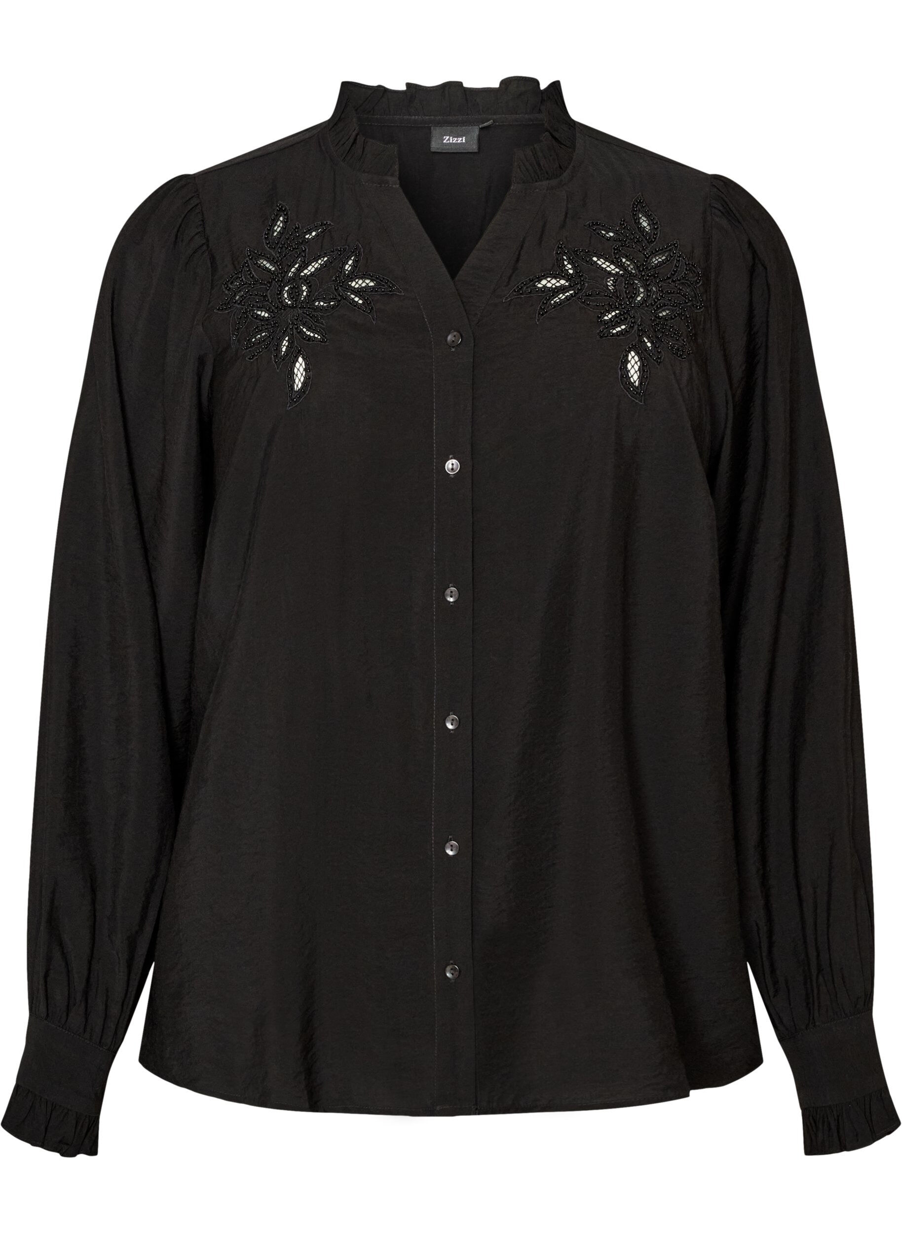 ZizzifashionShirt blouse with embroidered flower appliqu&eacute;s, Black, Packshot image number 0