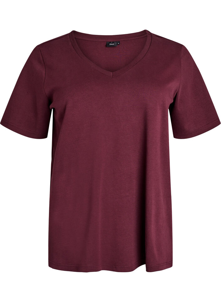 Basic V-neck T-shirt in organic cotton, Dark Bordeaux, Packshot image number 0