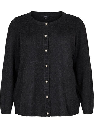 Short melange knit cardigan with pearl buttons, Dark Grey Melange, Packshot image number 0