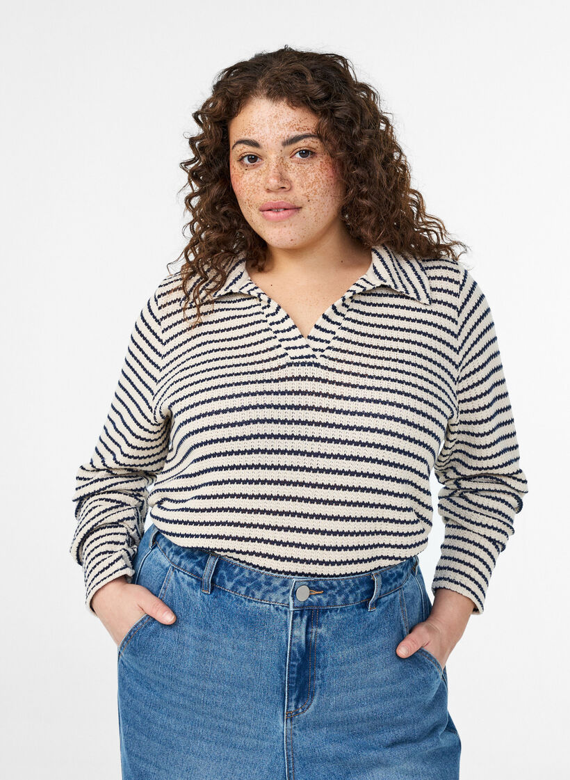 Striped jersey blouse with a collar and V-neck, Beige, Model image number 0