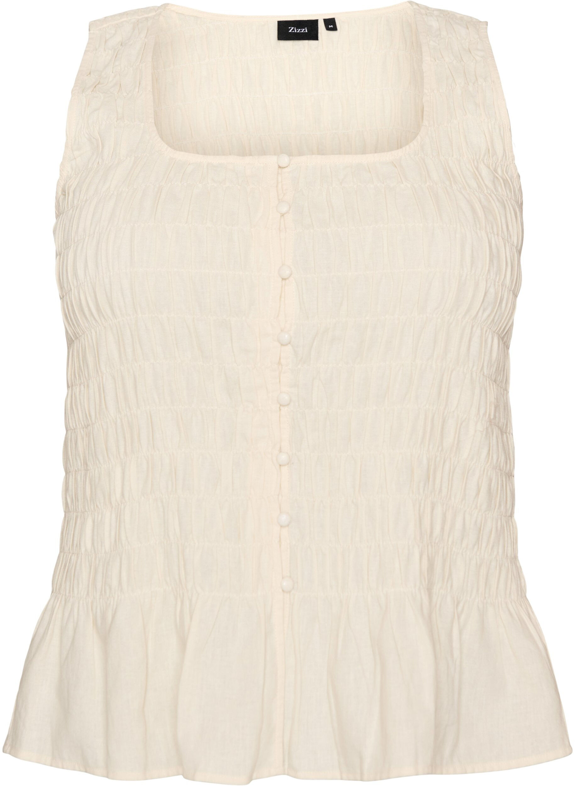 ZizzifashionSleeveless cotton and linen top with smock, Vanilla, Packshot image number 0