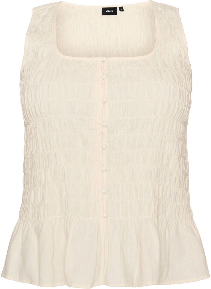 Sleeveless cotton and linen top with smock, Vanilla, Packshot image number 0