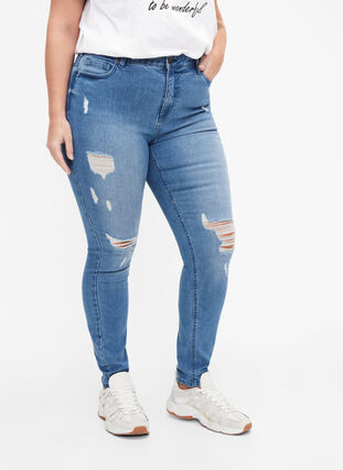 Amy jeans with super slim fit and ripped details, Blue denim, Model image number 2