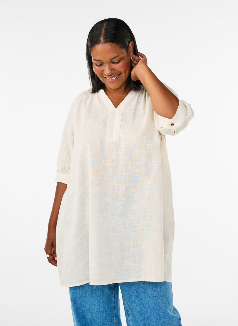Cotton tunic with V-neck, Vanilla, Model image number 0
