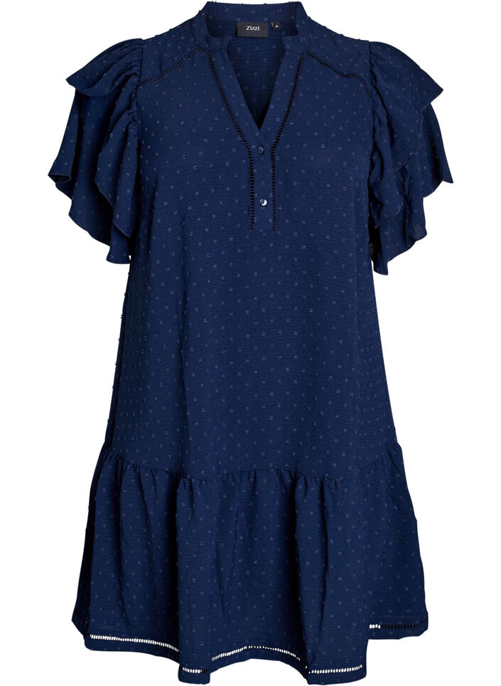 Short dress with ruffle sleeves and dotted texture, Navy Blazer, Packshot image number 0