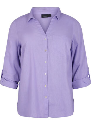 Shirt blouse with button closure in cotton-linen blend, Lavender, Packshot image number 0