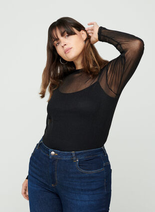 Close-fitting mesh blouse with lurex