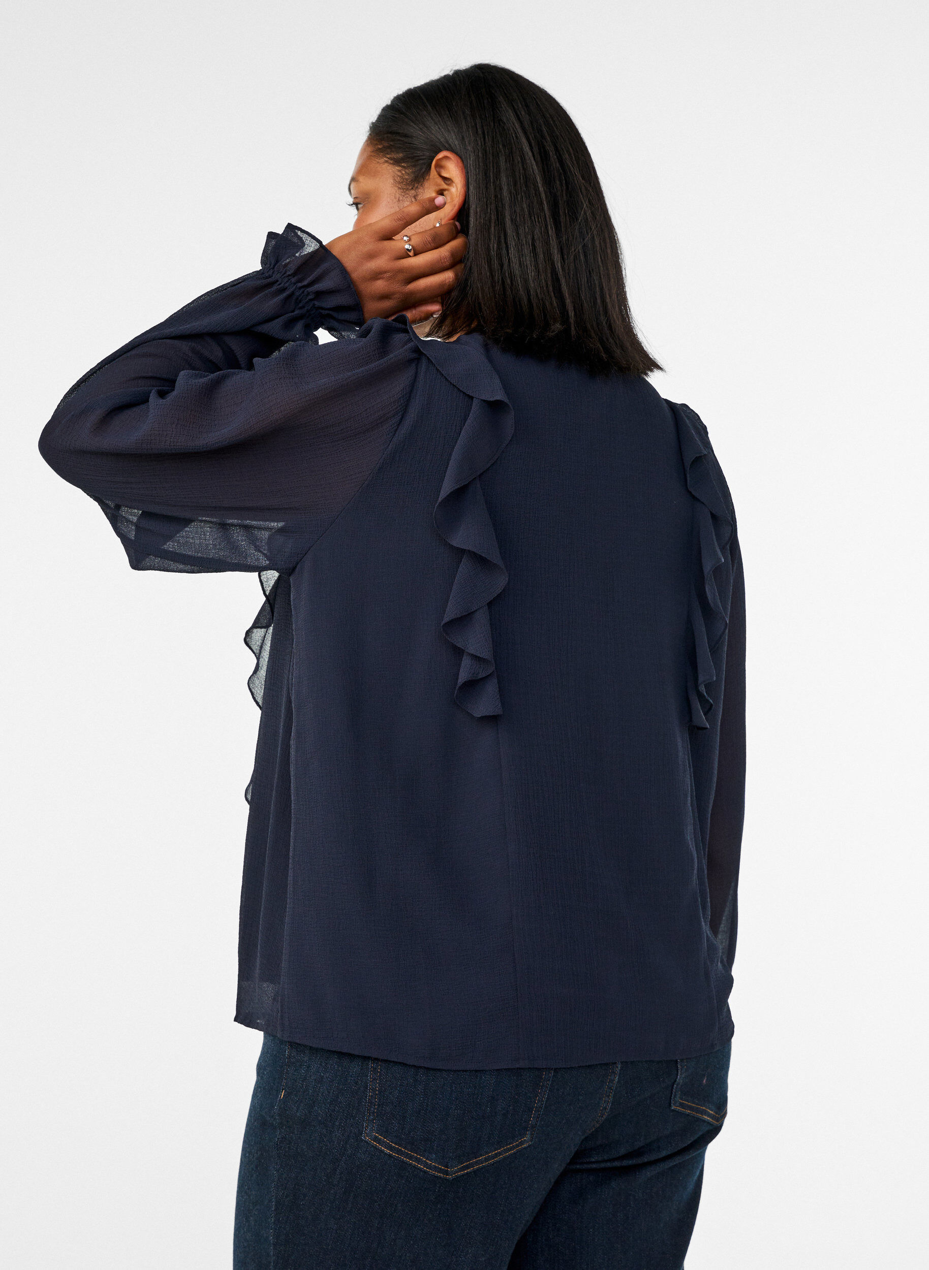 ZizzifashionSheer blouse with ruffles and tie-fastening, Blue, Model image number 2