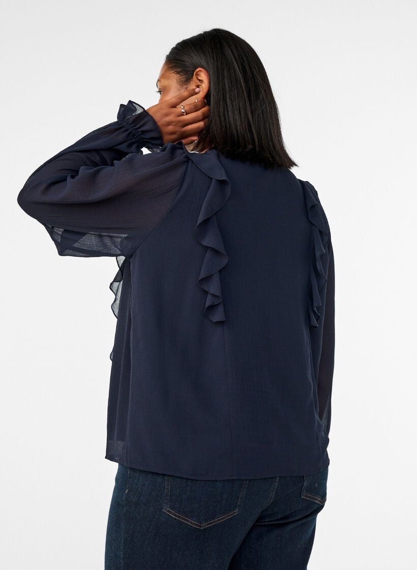 Sheer blouse with ruffles and tie-fastening, Blue, Model image number 2