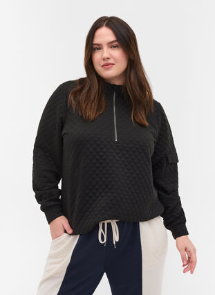 Quilted sweatshirt with zip, Black, Model image number 0