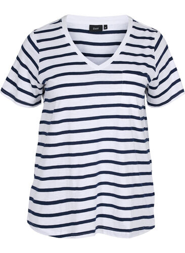 Striped cotton t-shirt with v-neckline, White Navy B Stripe, Packshot image number 0