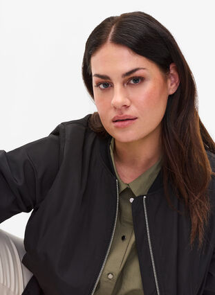 Bomber jacket with pockets and ribbed fabric, Black, Model image number 3