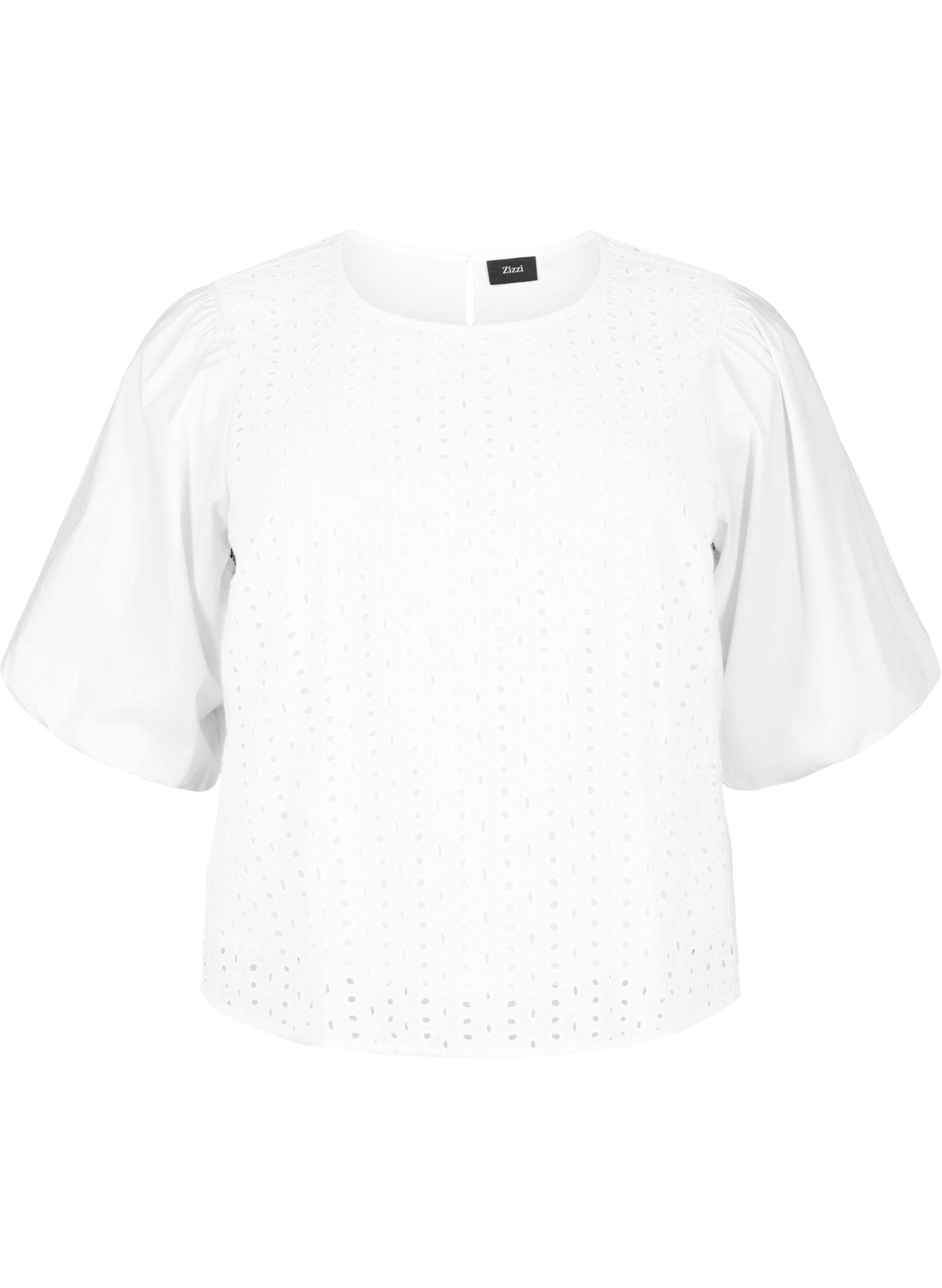 Zizzifashion Blouse with puffed sleeves and lace pattern, White, Packshot image number 0