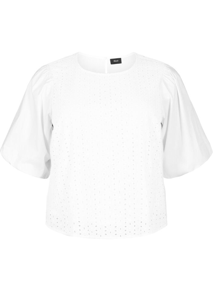 Blouse with puffed sleeves and lace pattern, White, Packshot image number 0