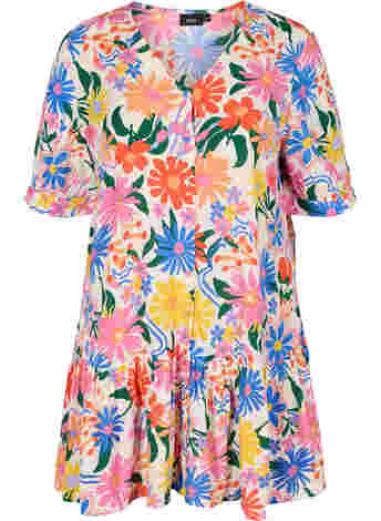 Printed viscose tunic with short sleeves