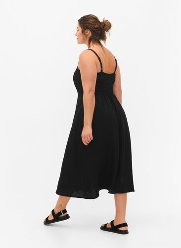 Plain coloured viscose strap dress with smock, Black, Model image number 1