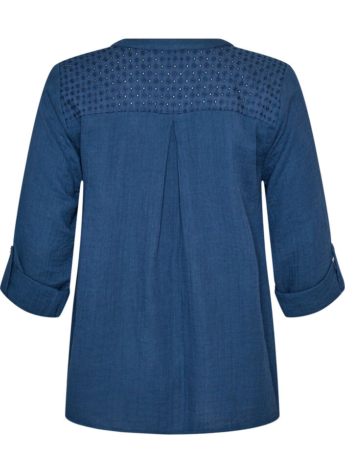 Blouse in cotton muslin with broderie anglaise, Blue, Packshot image number 1