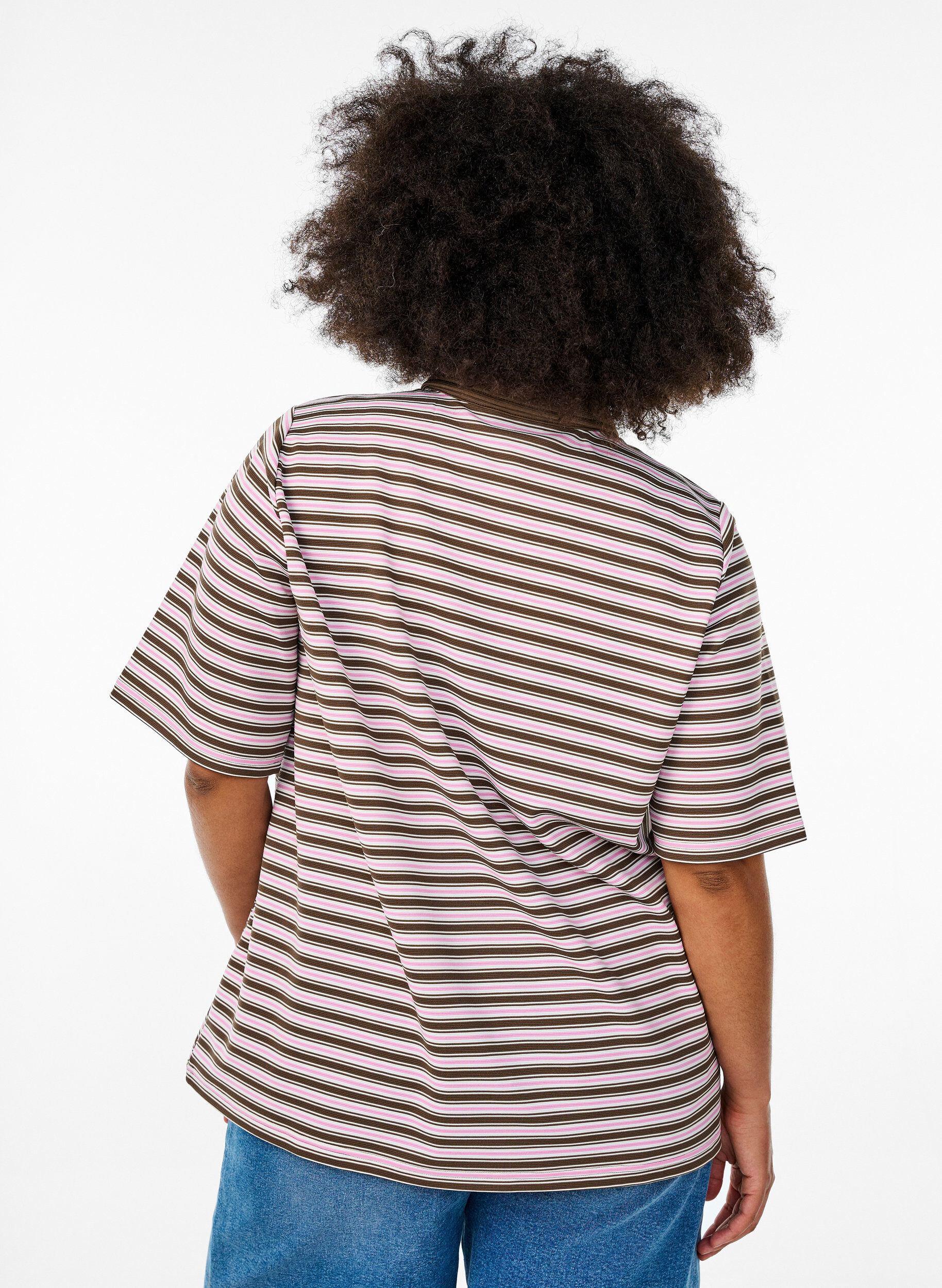 Zizzifashion Striped polo shirt with short sleeves and buttons, Brown, Model image number 2