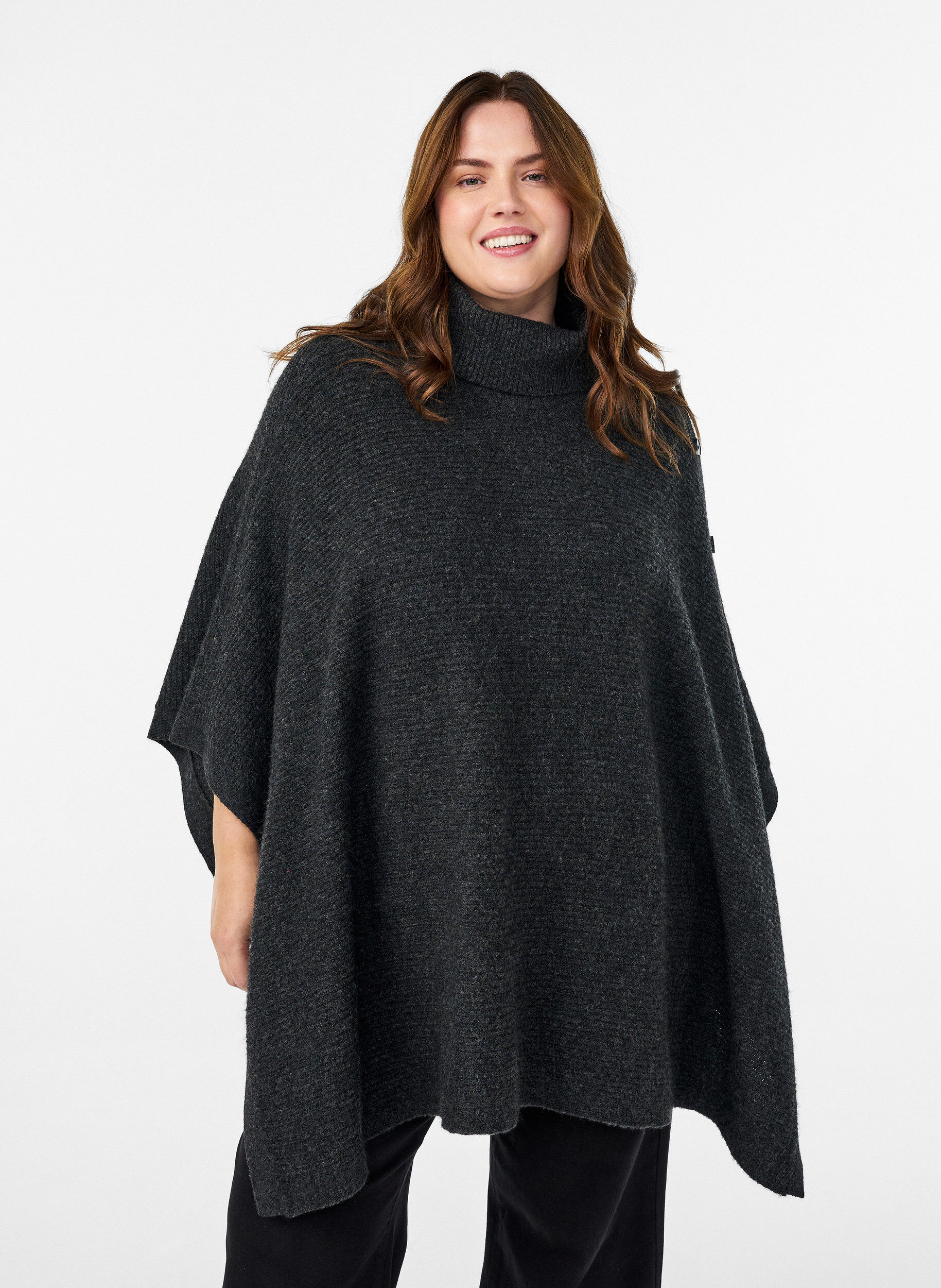 Poncho with turtleneck and button detail, Dark Grey, Model