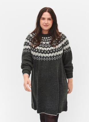 Patterned knit dress with wool, Dark Grey Mel Comb, Model image number 0
