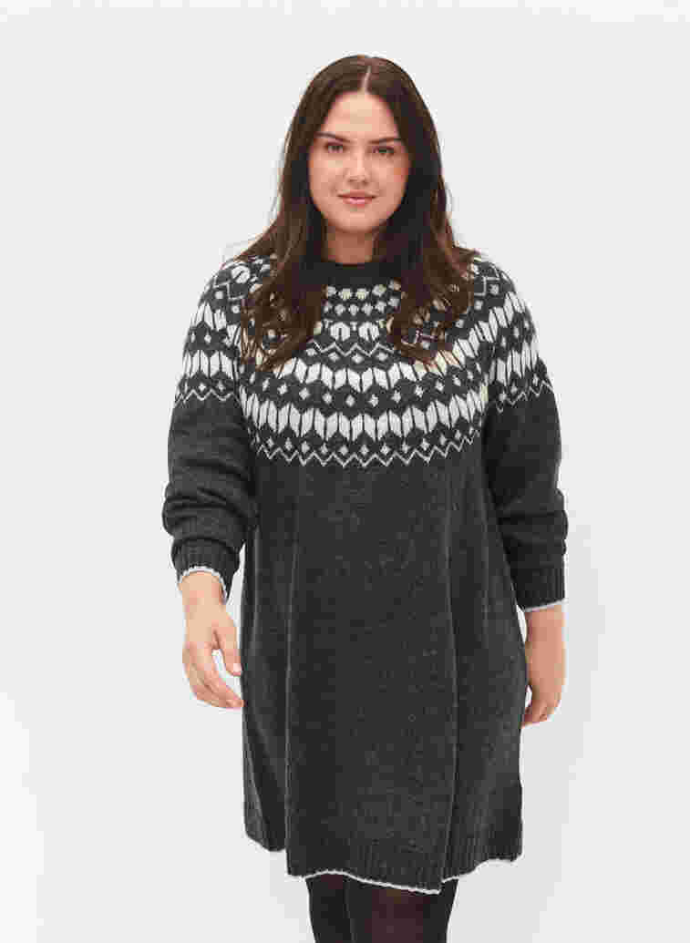 Patterned knit dress with wool, Dark Grey Mel Comb, Model