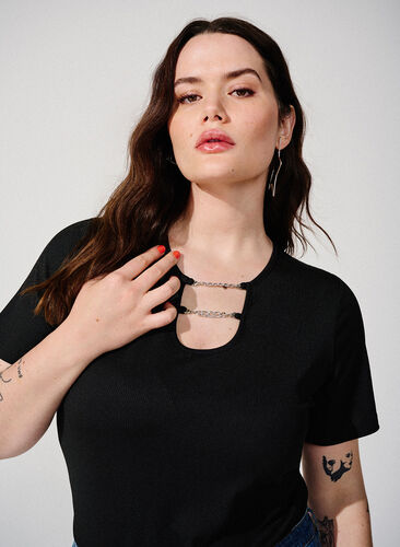 Ribbed blouse with chain detail, Black, Image image number 0