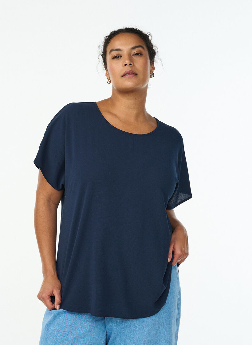 Blouse with short sleeves and a round neckline, Blue, Model image number 0