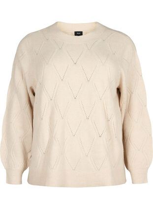Knitted pullover with hole pattern, Birch Mel., Packshot image number 0