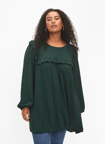 Viscose tunic with ruffles, Scarab, Model image number 0