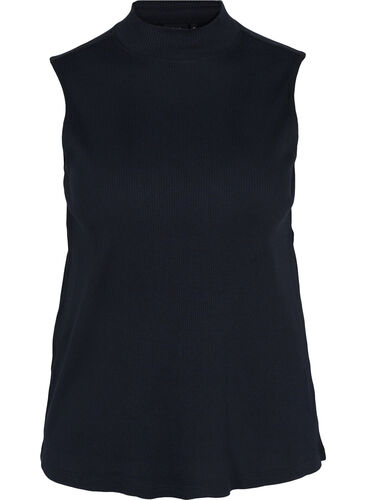 High neckline cotton top with ribbed fit, Black, Packshot image number 0
